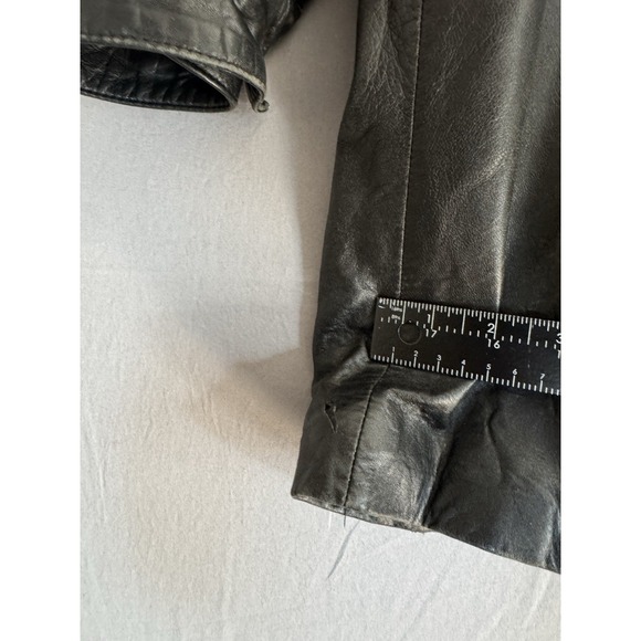 Vintage Wilsons Black Leather Coat Mens Medium Hooded Faux Fur Trim Quilted Y2K - Picture 8 of 13